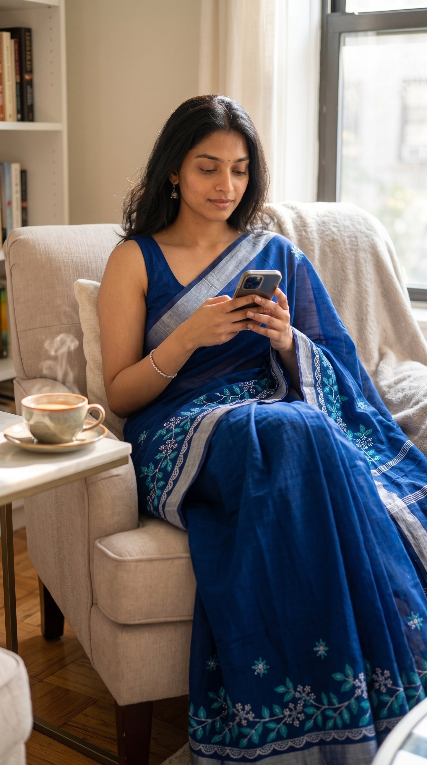 A woman sitting in an armchair using her phone with a steaming cup of tea nearby, wearing a royal blue cotton linen saree with light blue and white floral vine embroidery