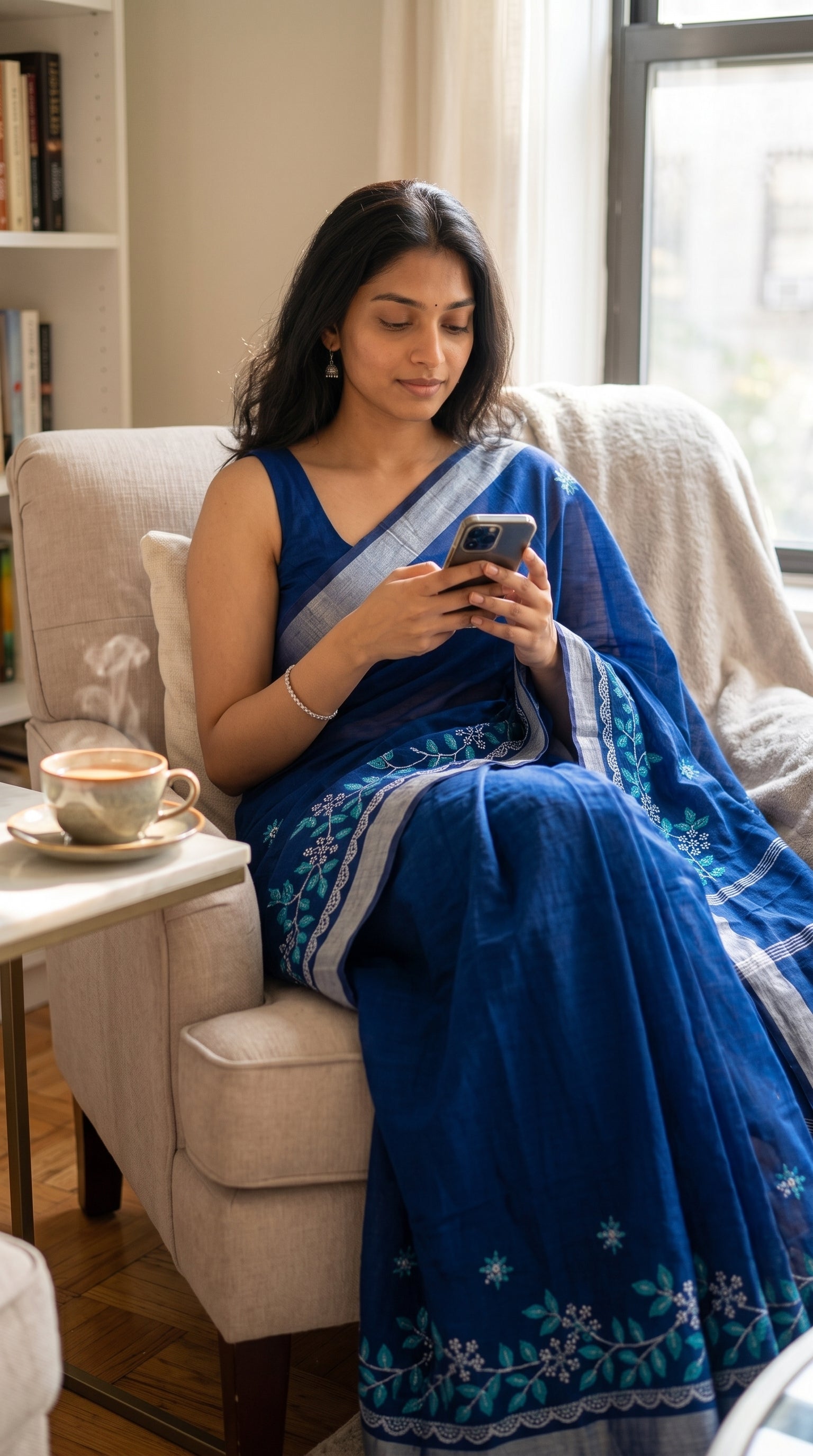 A woman sitting in an armchair using her phone with a steaming cup of tea nearby, wearing a royal blue cotton linen saree with light blue and white floral vine embroidery