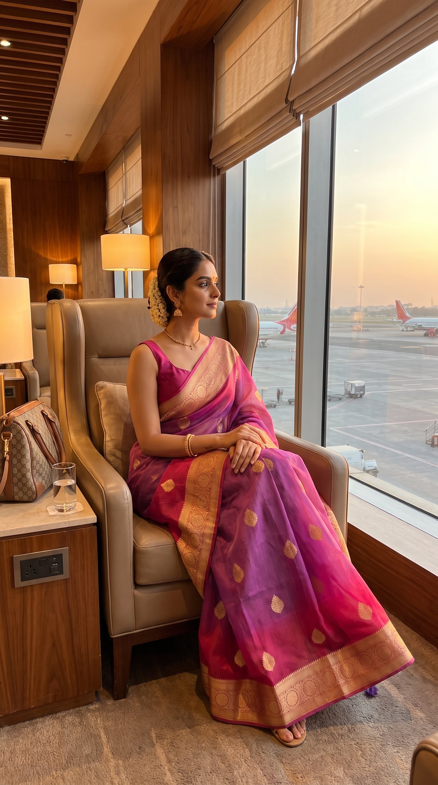 A portrait of a woman sitting on a tan leather armchair inside a premium airport lounge, looking out the large window at an airfield at sunset, beautifully displaying the gold zari borders of her purple and pink silk saree