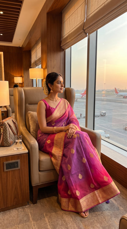 A portrait of a woman sitting on a tan leather armchair inside a premium airport lounge, looking out the large window at an airfield at sunset, beautifully displaying the gold zari borders of her purple and pink silk saree