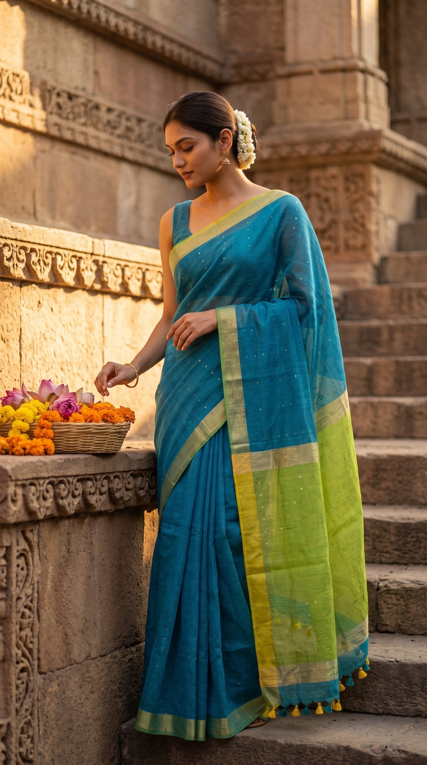 A model standing on the stone steps of an ancient stepwell during golden hour, showcasing the rich blue linen drape and lime green organza pallu