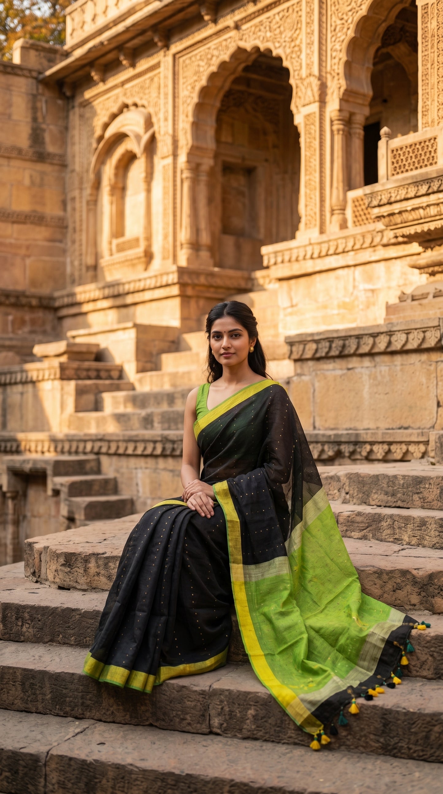 A model seated on the steps of an ancient stone stepwell structure, beautifully spreading out the contrast lime green organza pallu and yellow tassels of her black linen saree