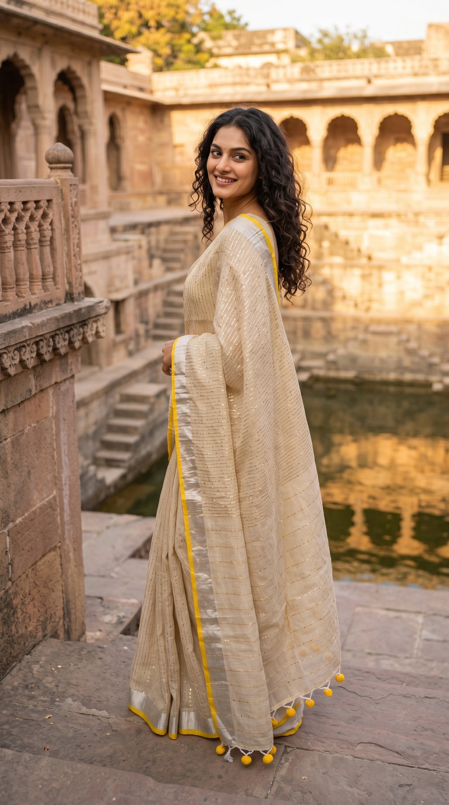 Three-quarter back view of a smiling woman standing on the steps of an ancient stone stepwell, showing the detailed striped pallu and bright yellow pom-pom tassels of a beige khadi linen saree