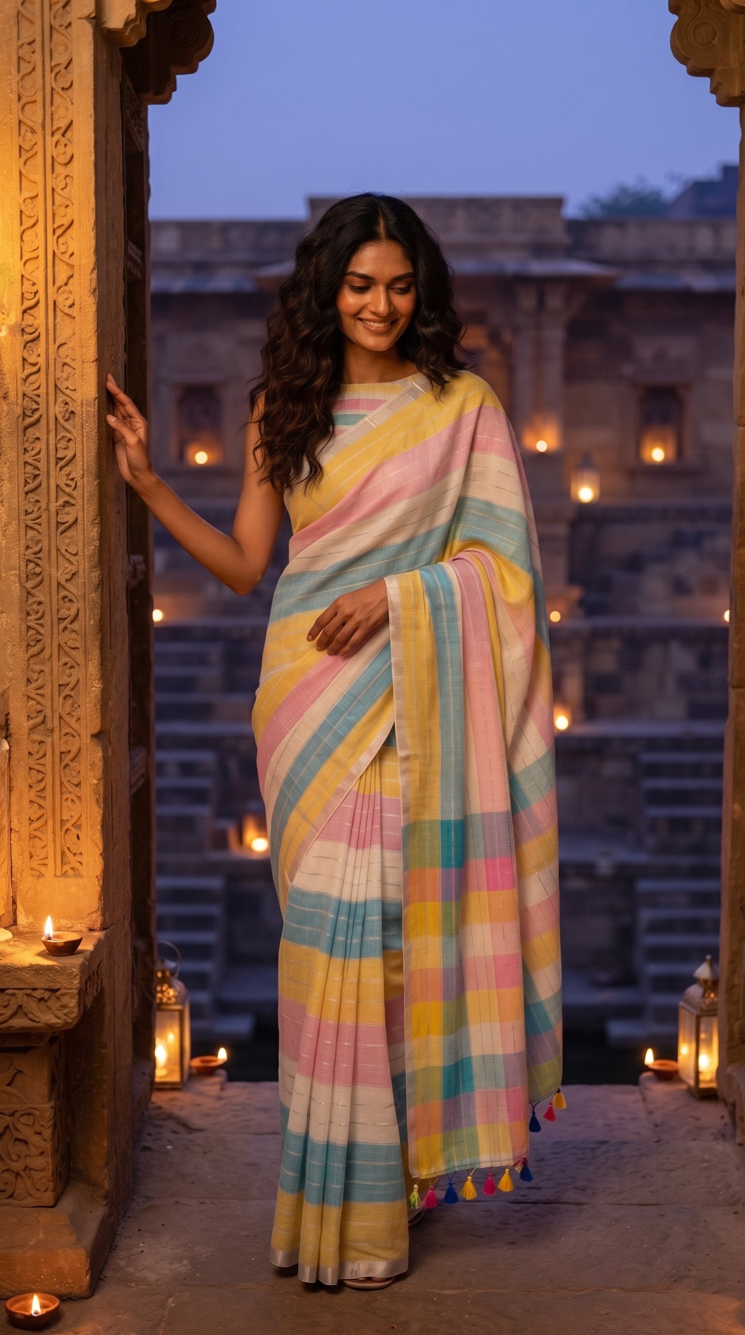 A smiling woman posing in an intricately carved stone doorway of an ancient stepwell at twilight, displaying the clean drape and candy-colored pastel stripes of her linen saree