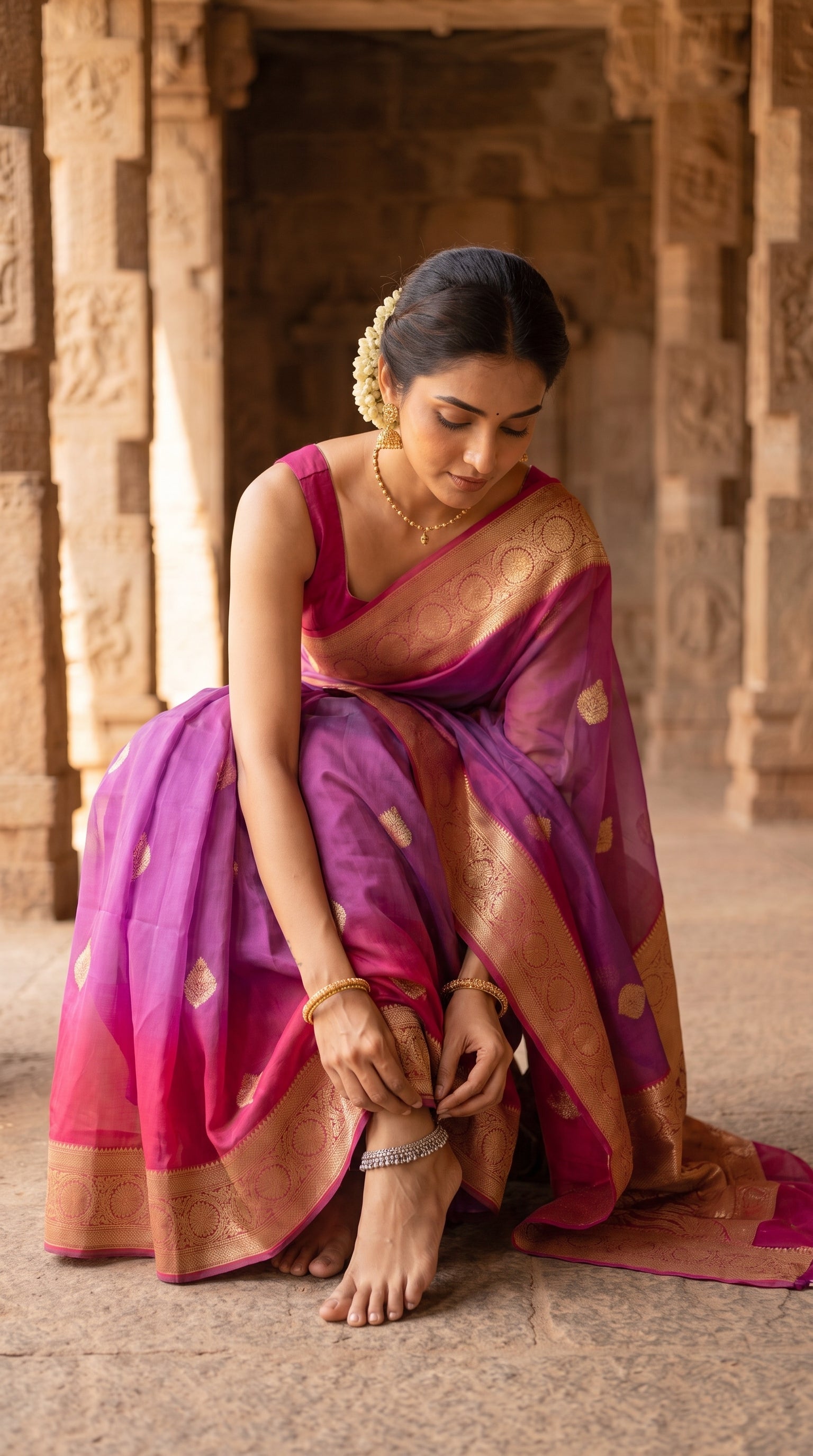 A front view of a woman sitting on stone steps inside an ancient pillar hall, adjusting her silver anklet and showcasing the premium drape, rich gold floral buttis, and intricate fuchsia pink borders of her purple Kora silk saree