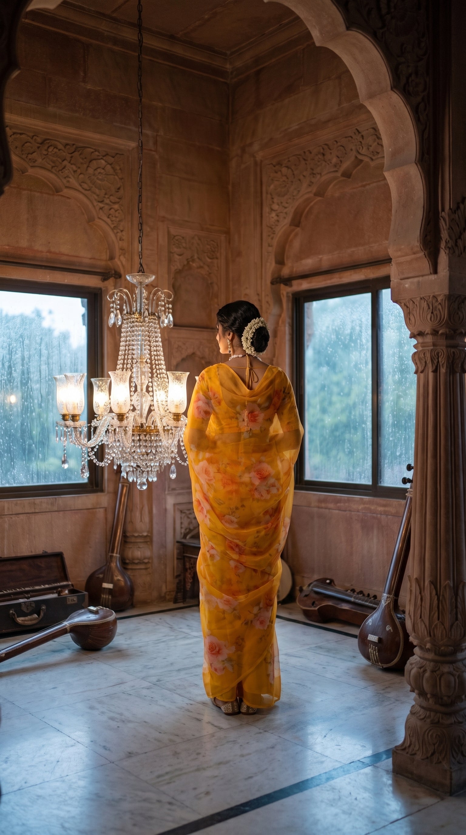 Back view of a woman with a gajra bun standing next to a large crystal chandelier in a classic music room with sitars, showing the backline design and cascading floral print of her yellow chiffon pallu