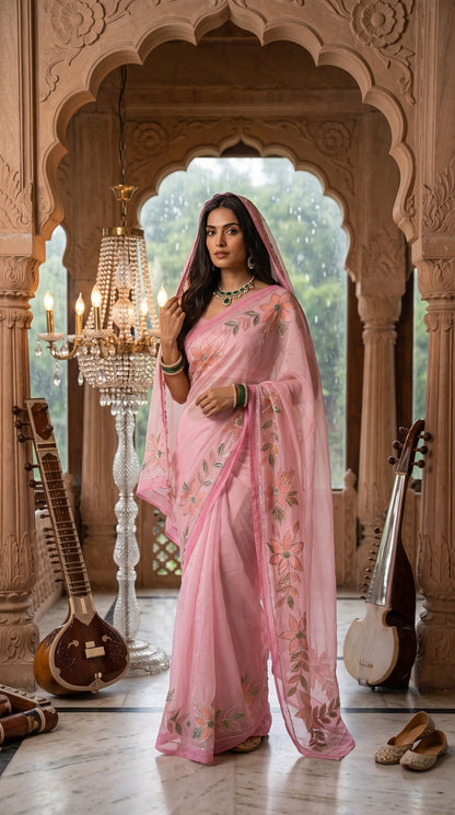 A model with a sheer veil draped over her head standing inside a classical Indian music room with stringed sitars and a crystal chandelier, displaying her pink Gota Patti embroidered saree