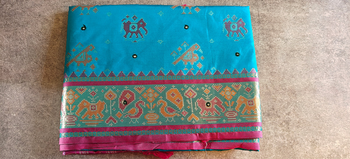 Viscose Silk Saree with Patola Weave - Aqua Blue