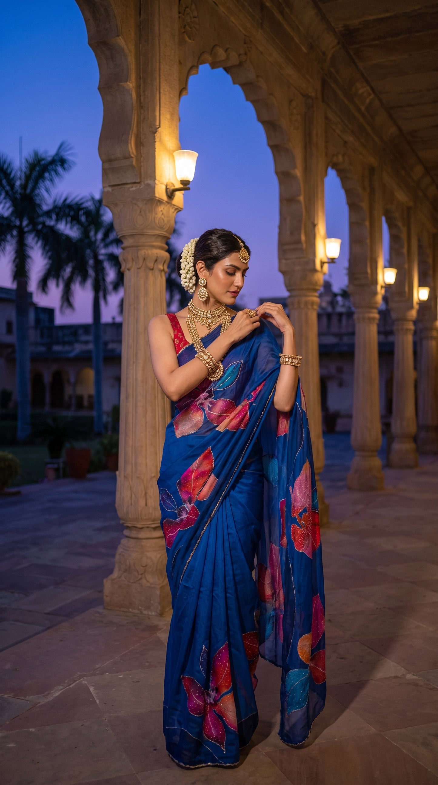 A model adorned in traditional heavy gold jewelry posing along a lit palace colonnade at twilight, highlighting the premium shine and detailed cutdana work on her printed blue saree