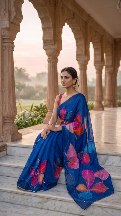 Model seated on white marble palace steps at dawn, beautifully spreading out the heavy chinon pallu to display the stone-encrusted red and magenta floral details