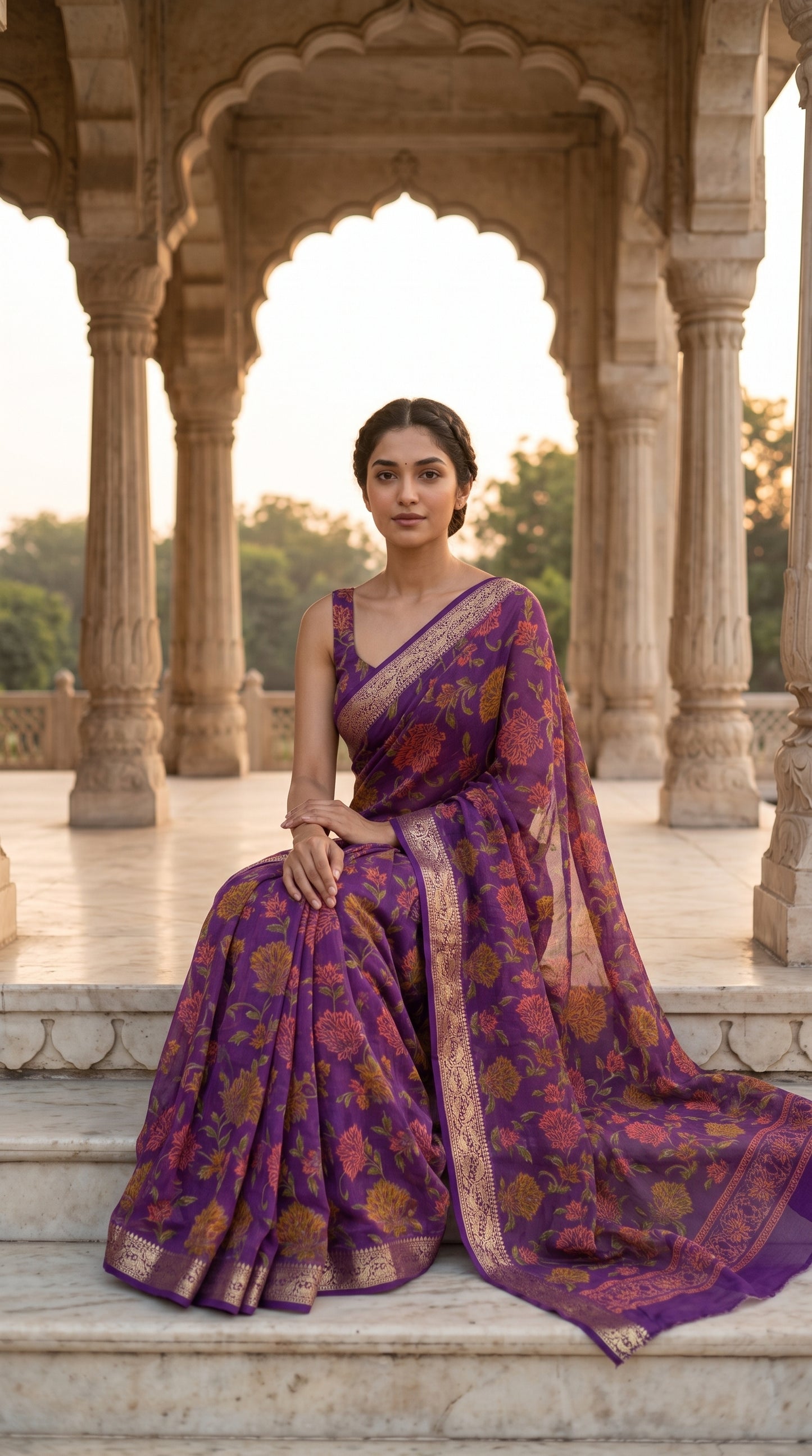 A portrait of a woman sitting on the edge of white marble palace steps under carved arches at dawn, showcasing the graceful fall and rich purple canvas of her pure chinon saree
