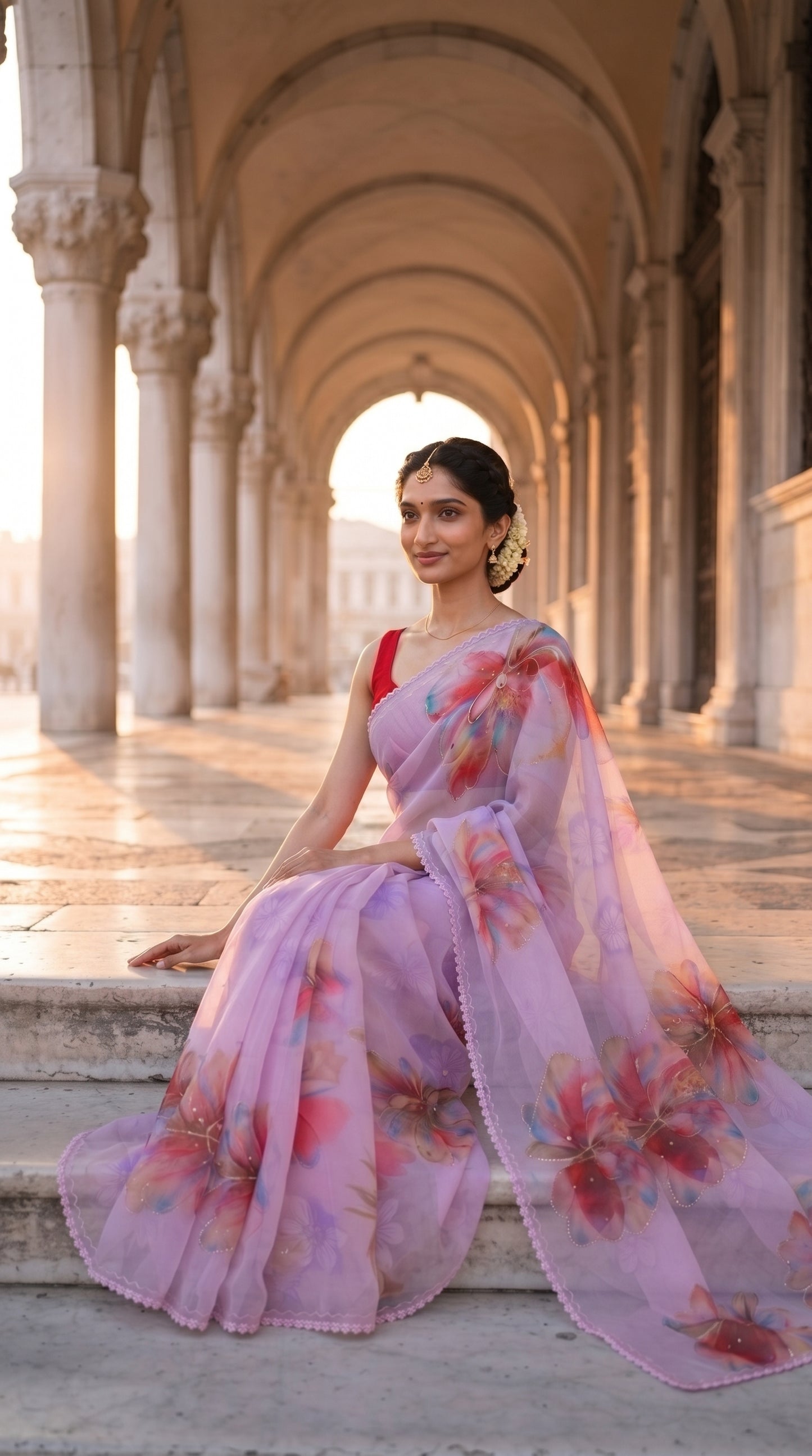 Pastel Pink Floral Chiffon Saree with Delicate Lace Border