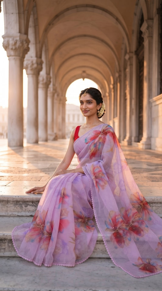Pastel Pink Floral Chiffon Saree with Delicate Lace Border