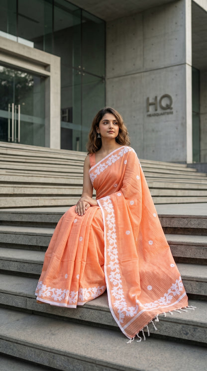 Peach Cotton Saree with Applique Border