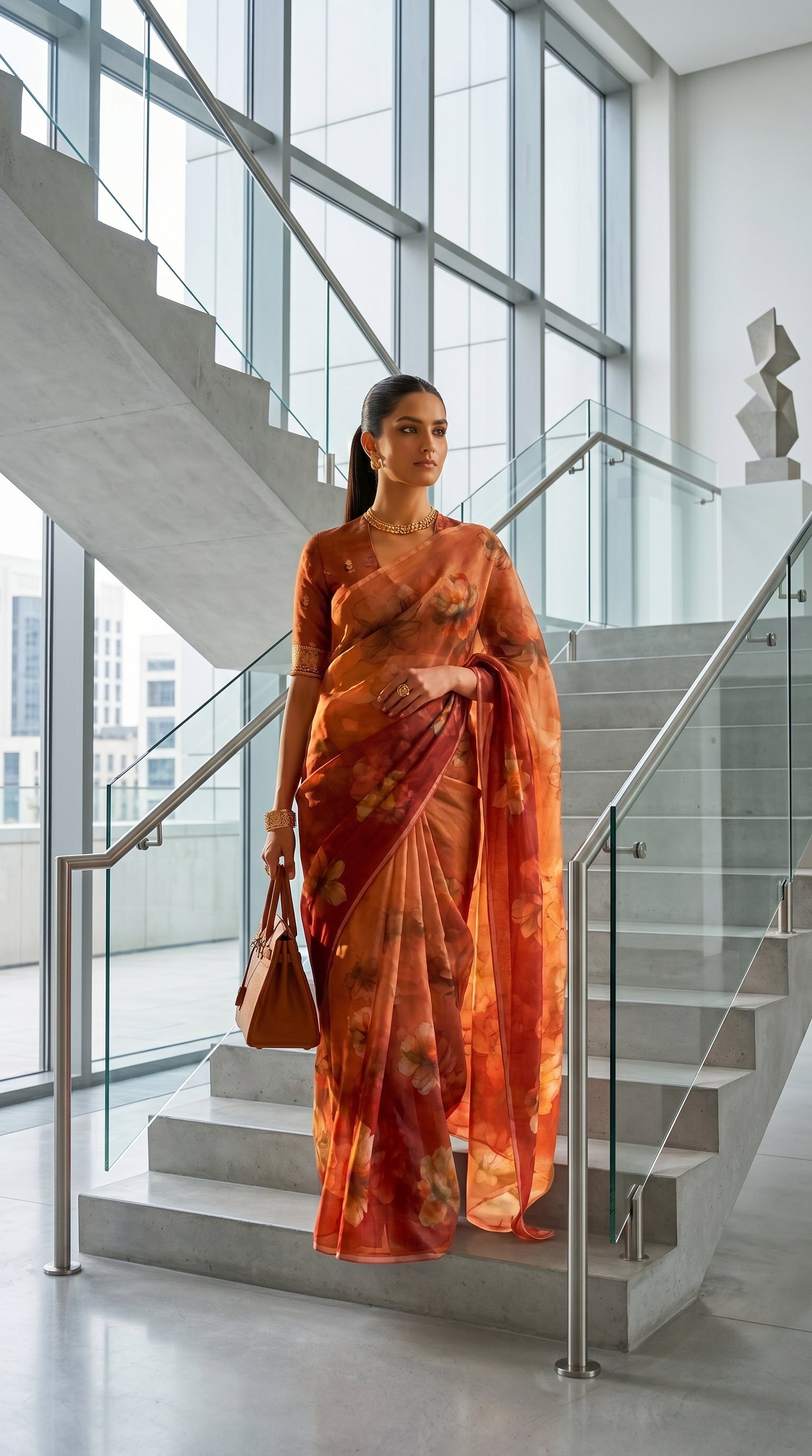 Full-length image of a model descending a modern glass and concrete staircase, highlighting the fluid drape of a rust brown chiffon saree