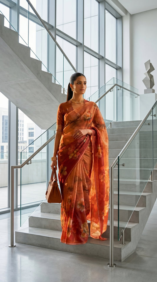 Full-length image of a model descending a modern glass and concrete staircase, highlighting the fluid drape of a rust brown chiffon saree