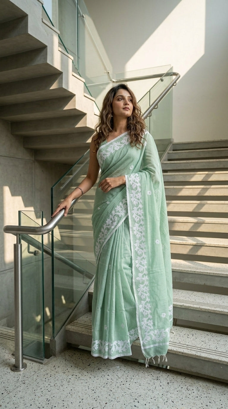 Light Green Cotton Saree with Applique Border