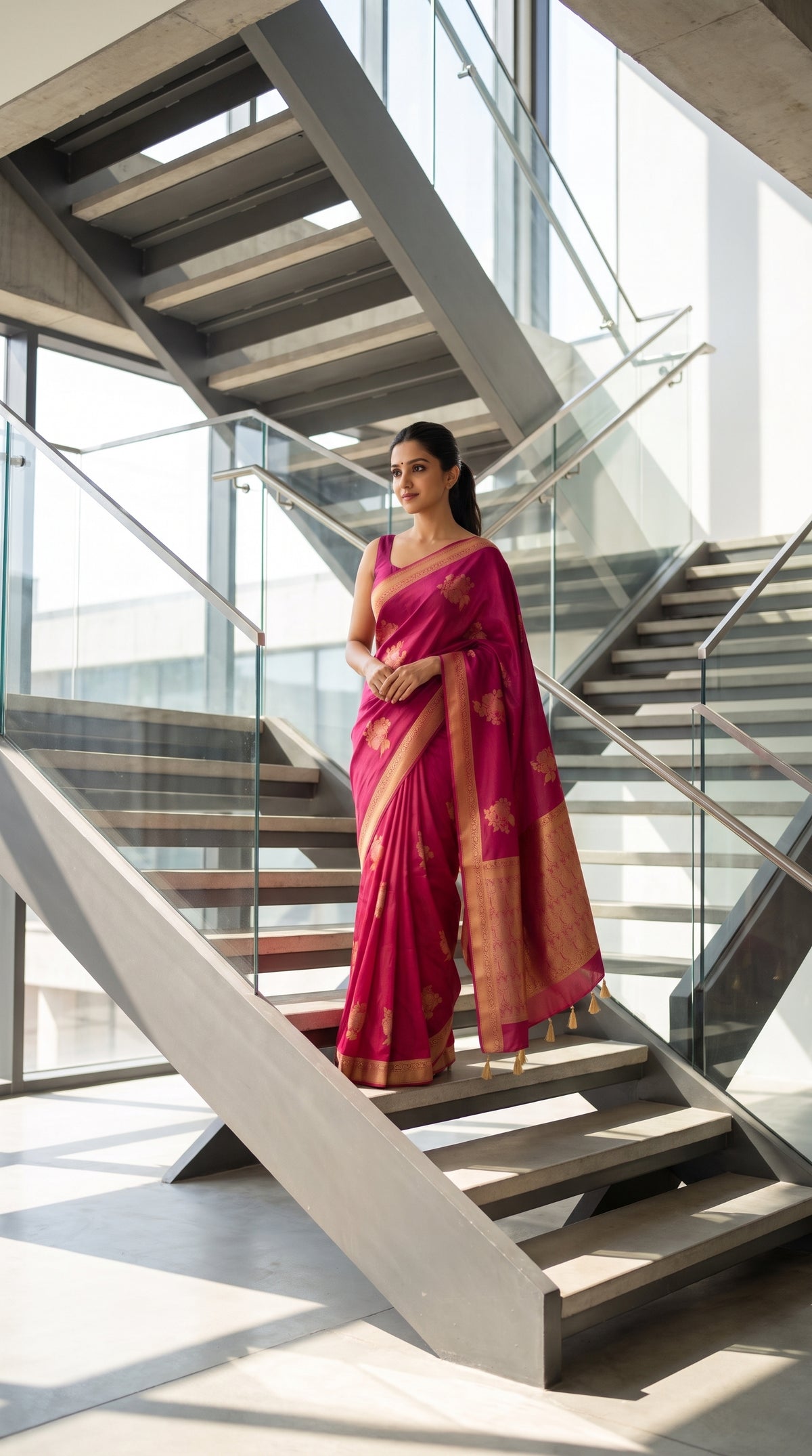 A full-length portrait of a woman standing on a contemporary architectural metal staircase with large glass windows, displaying the modern, sophisticated drape of her magenta pure crepe silk saree with golden zari borders