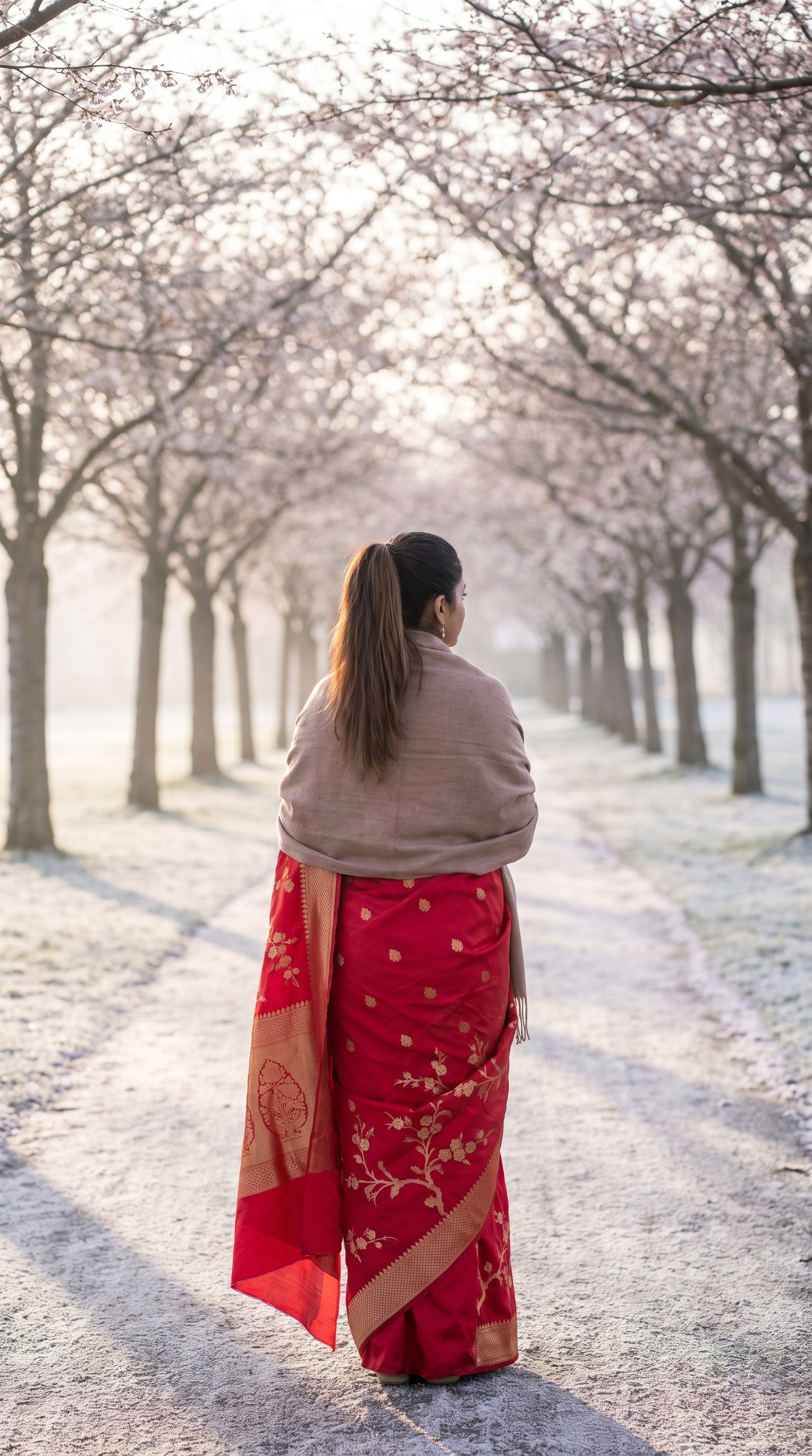 Back view of a woman with a beige shawl walking down a frosty cherry blossom avenue, showing the pallu detail of her traditional saree