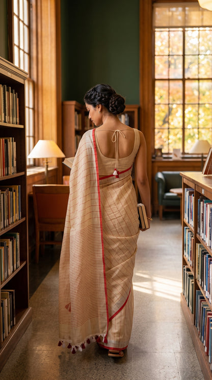 A back view of a woman with her hair in a braided bun walking through a sunlit library hall holding a book, showcasing the delicate red vertical pinstripes, elegant blouse tie, and dual-tone red border of a beige khadi linen saree