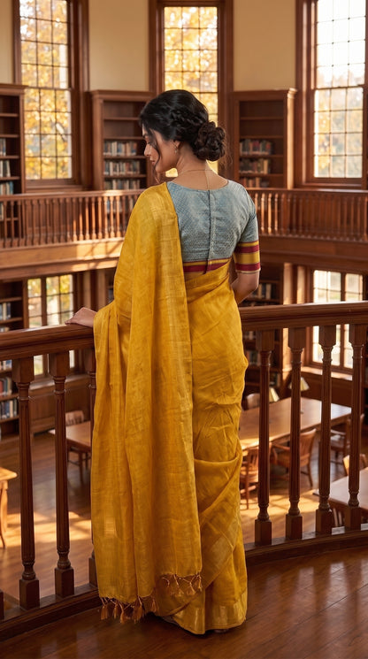 A rear portrait of a woman standing by a wooden balcony railing inside a grand library hall, showing the elegant pattern on her blue-grey blouse and the subtle golden luster of her yellow tissue saree pallu