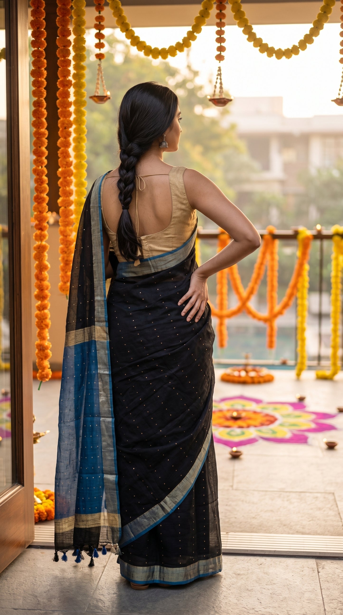 Back view of a woman standing on a decorated festive balcony with marigold garlands, showcasing the elegant fall and rich blue pallu of her black linen saree