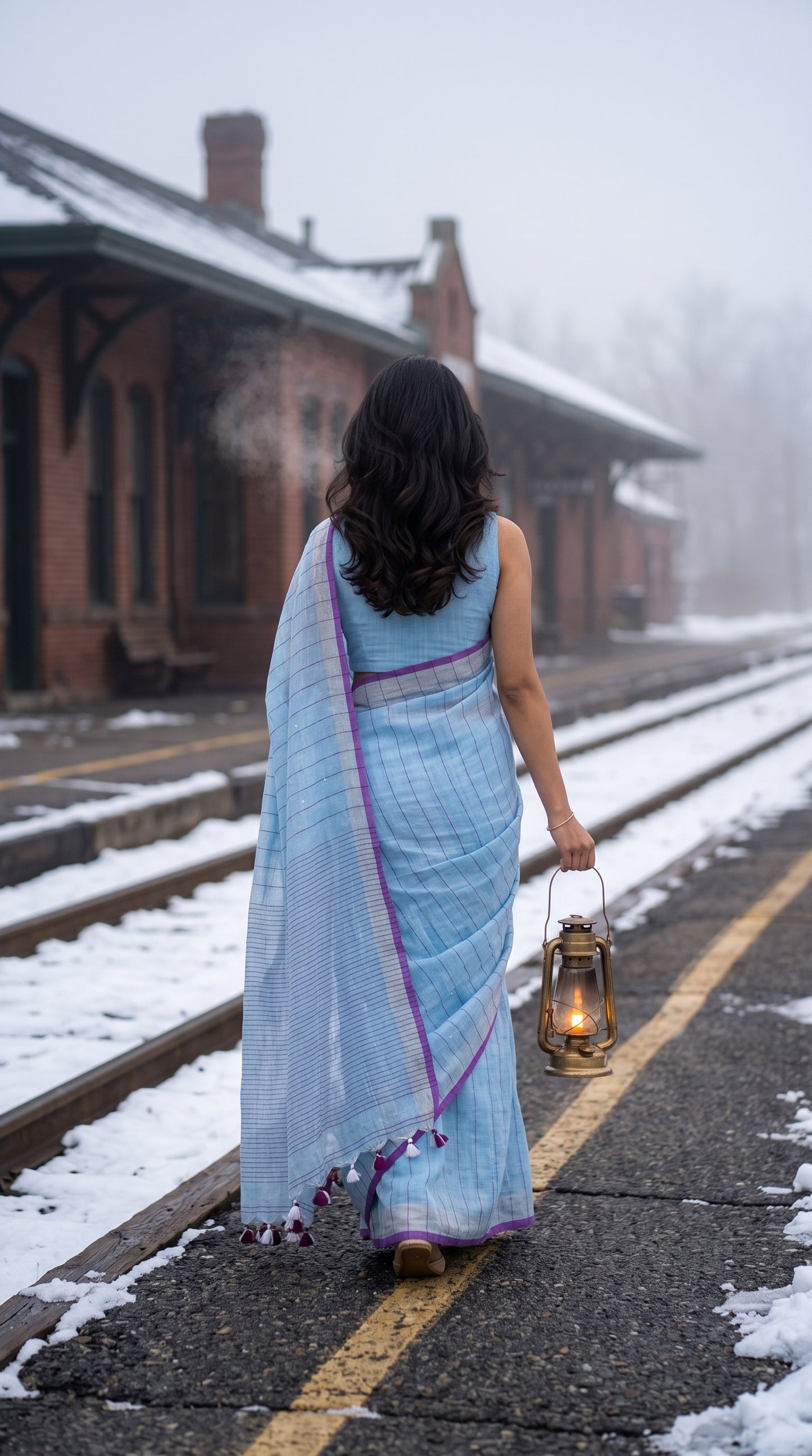 Back view of a woman carrying a vintage lantern down a snowy railway platform, highlighting the horizontal pinstripe pattern on the pallu and dark purple tassels of her sky blue khadi linen saree