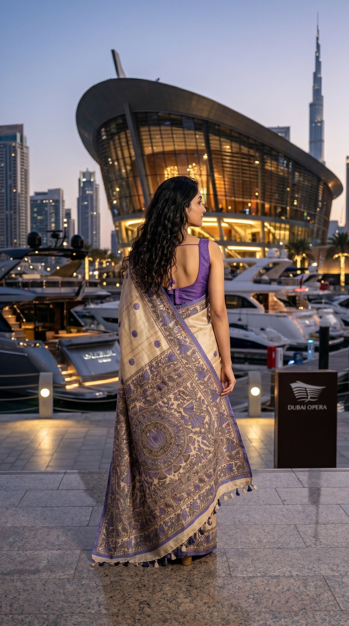 Back view of a woman looking out at a marina city skyline, showcasing the heavy purple Madhubani printed pallu and tassels of a Tussar silk saree