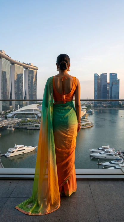 Back view of a woman looking over a marina balcony, showcasing the stunning movement and drape of a green and yellow chiffon pallu with gold lace