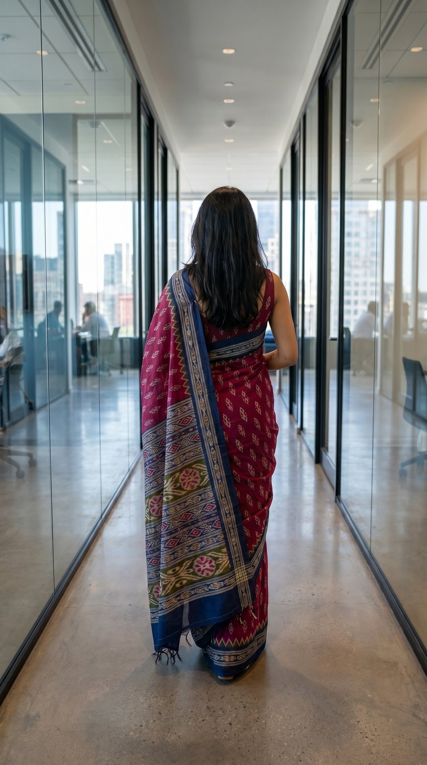 Back view of a woman walking down a modern corporate glass hallway, highlighting the elegant multi-tiered blue geometric pallu of a magenta Ikat print saree