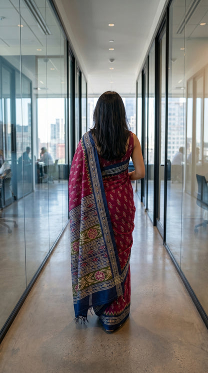 Back view of a woman walking down a modern corporate glass hallway, highlighting the elegant multi-tiered blue geometric pallu of a magenta Ikat print saree