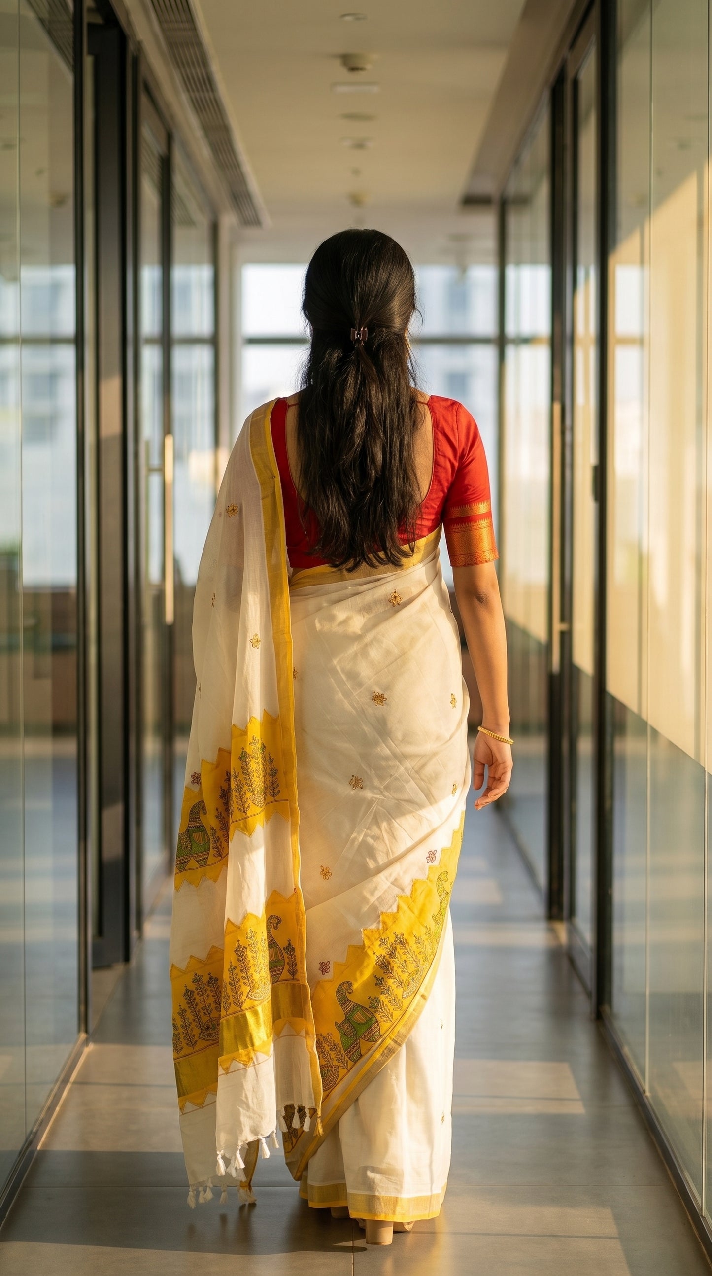 Back view of a woman walking down a modern glass office corridor, highlighting the flowing pallu with its multi-tiered yellow elephant applique art and tassels