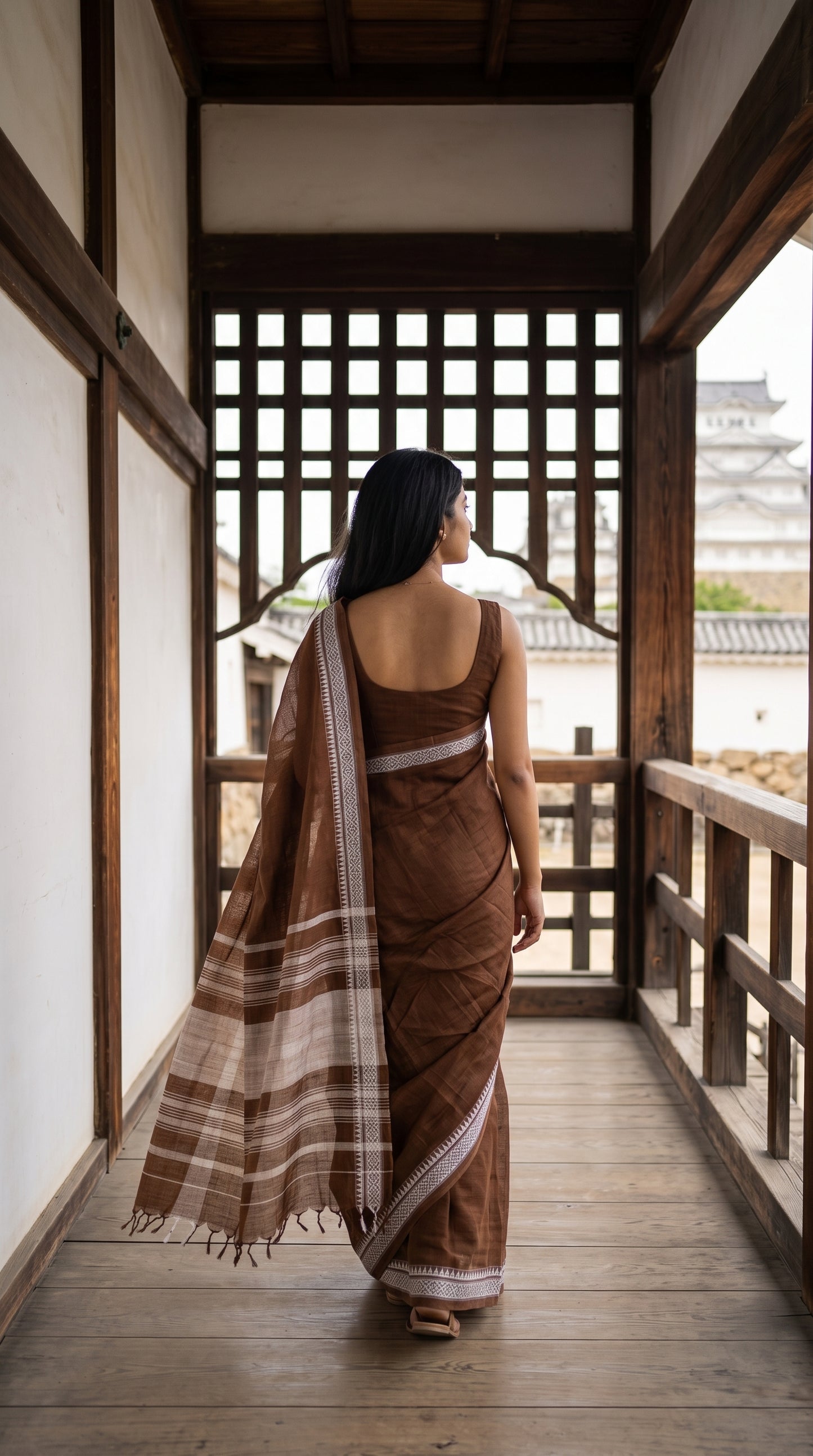 Back view of a woman walking along a wooden castle balcony corridor, highlighting the flowing cream-striped pallu and tassels of a brown mul cotton saree