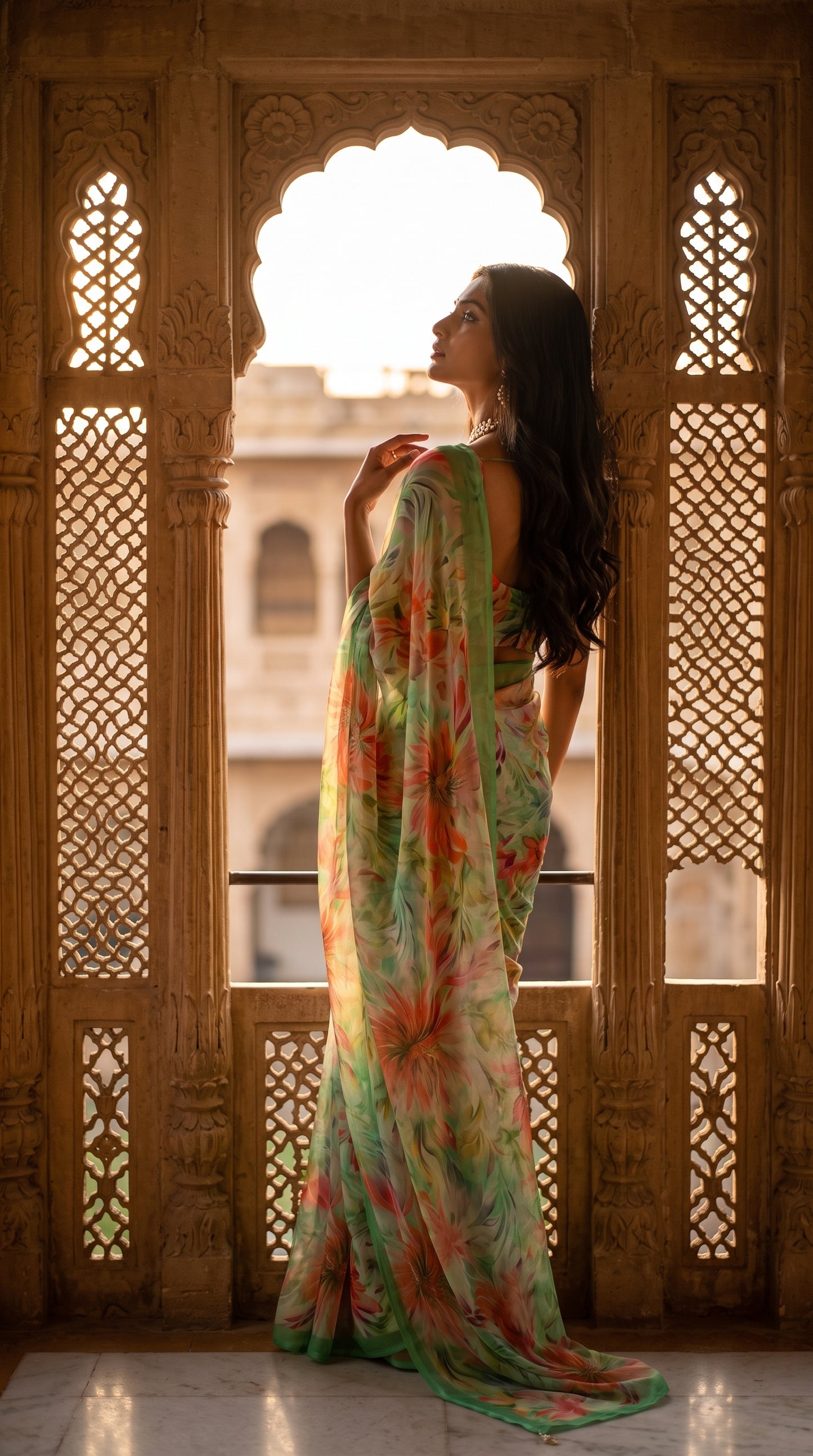 A profile portrait of a woman standing in a carved stone palace window arch at sunset, showing the translucent flow of the green floral pure chiffon saree
