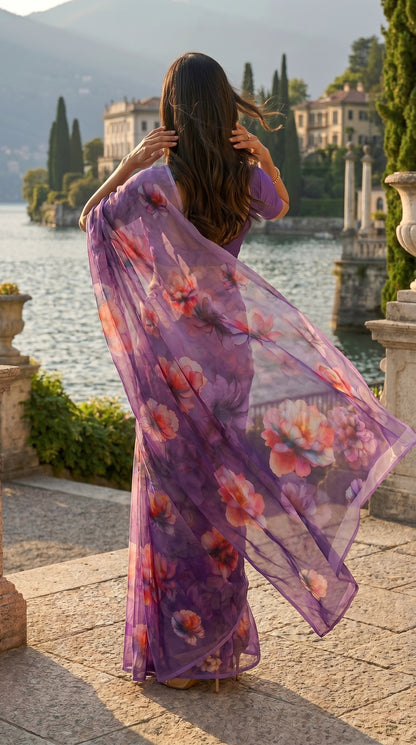 Back view of a model on a palace terrace balcony, showing the breezy, translucent drape of a lavender purple floral chiffon pallu
