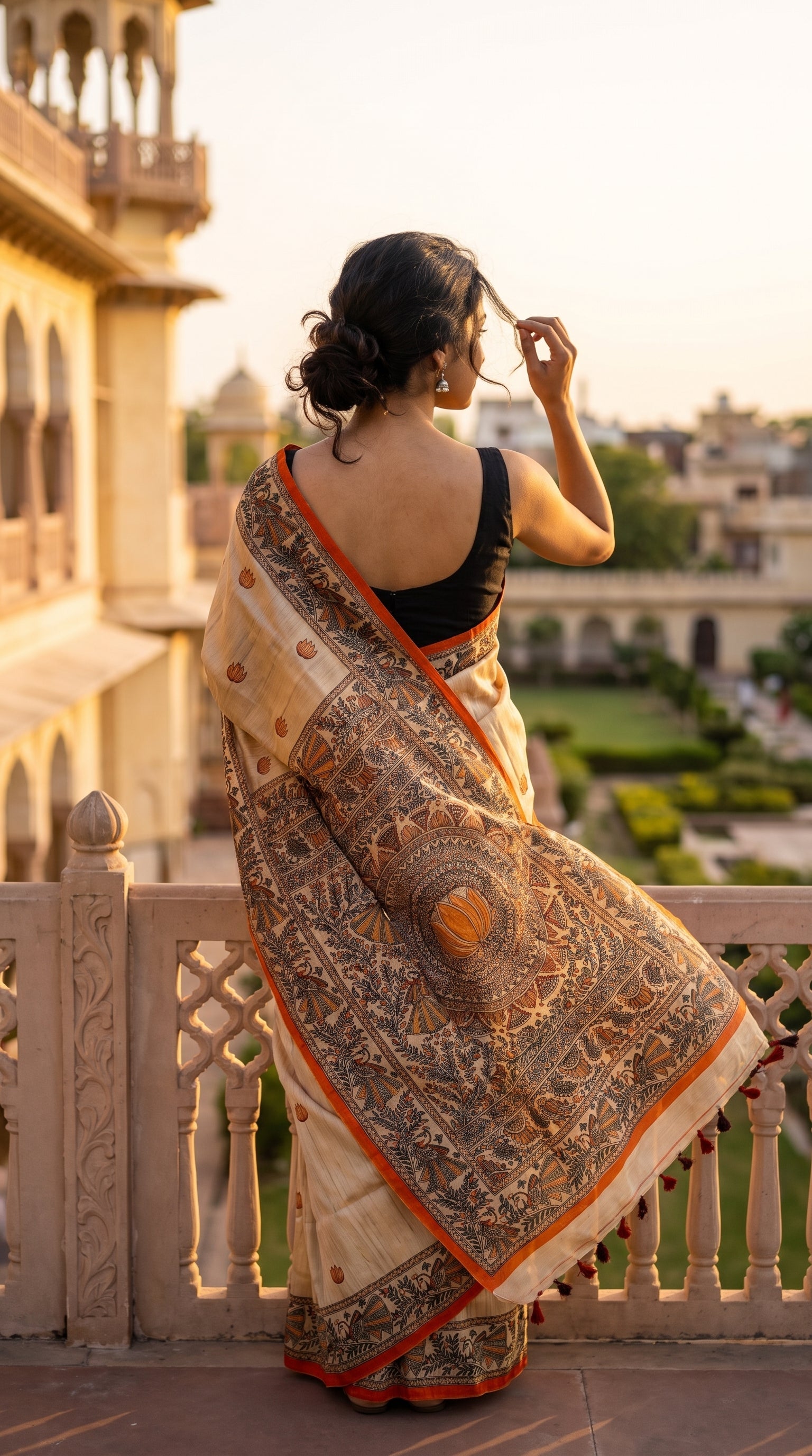 Back view of a model on a palace balcony looking out at the grounds, displaying the intricate orange Madhubani printed pallu and tassels of a Tussar silk saree