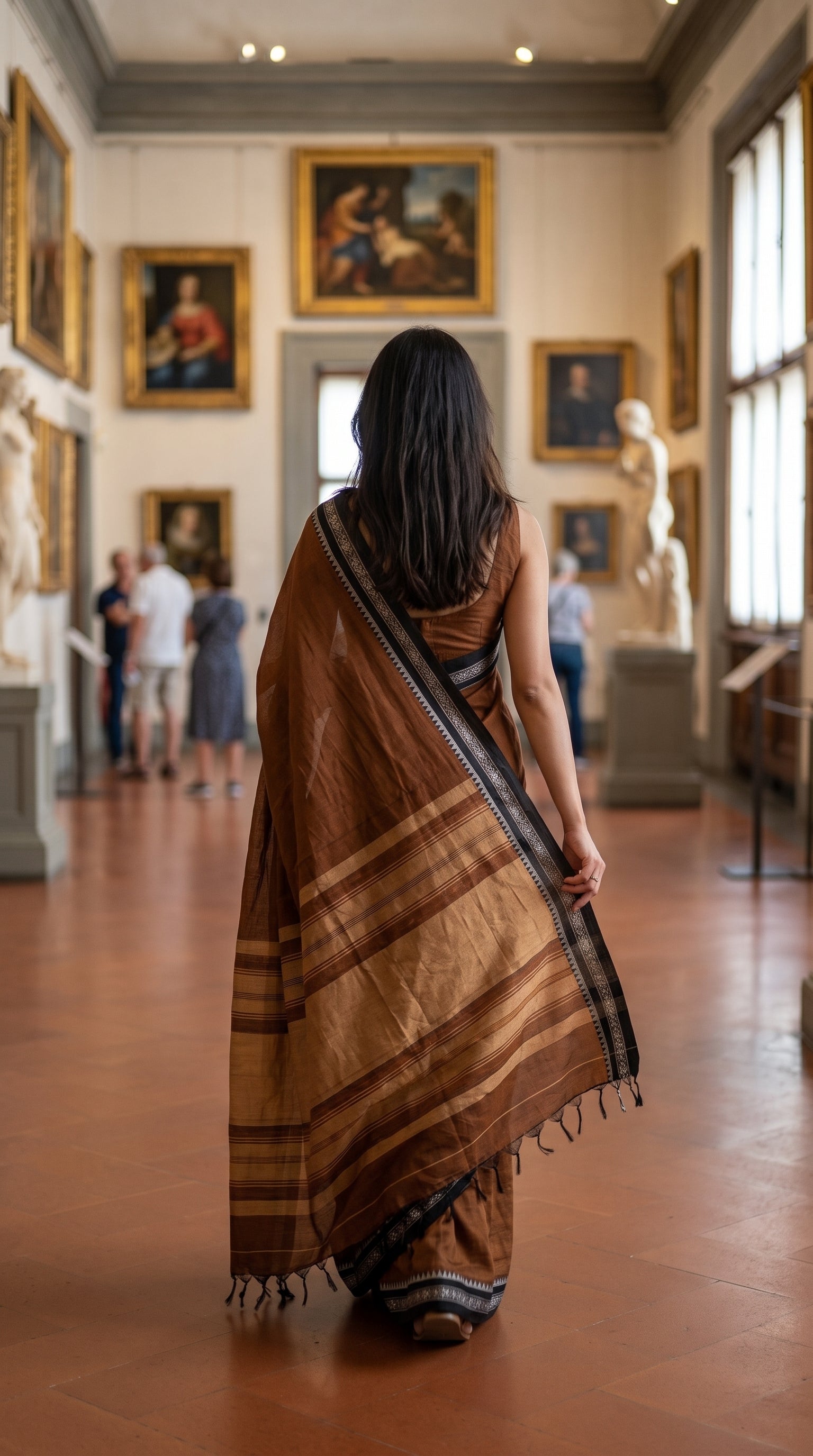 Back view of a woman walking through an art museum hall, displaying the elegant striped beige-and-brown pallu and hanging tassels of her mul cotton saree