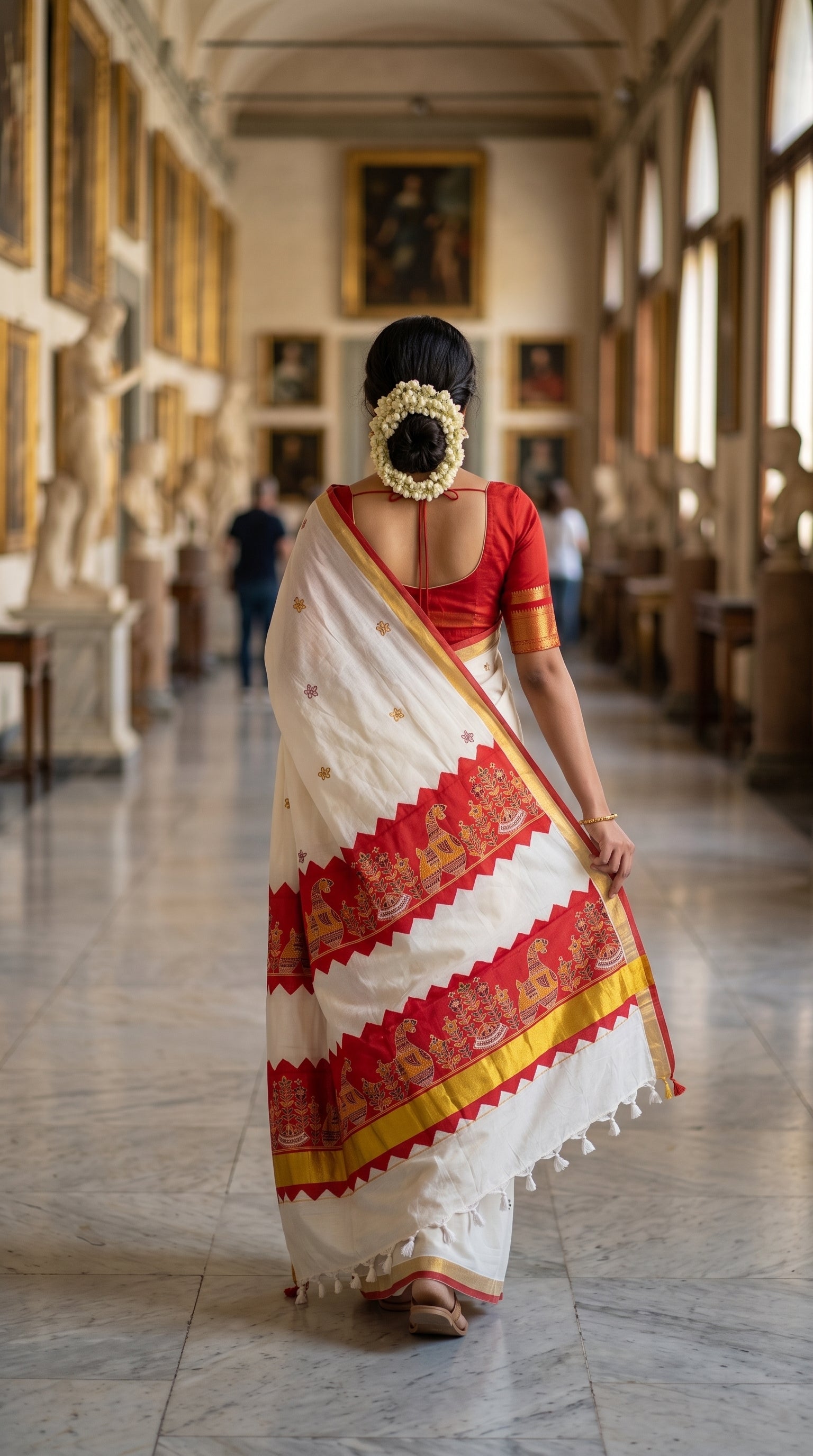 Back view of a woman walking through an art gallery corridor, highlighting the magnificent multi-tiered red applique temple pallu and golden borders of a Kerala cotton saree