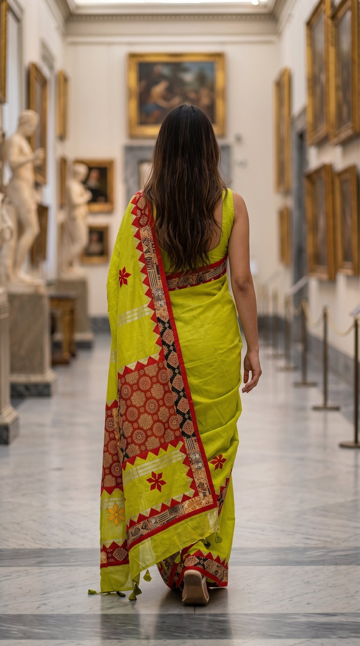 Back view of a woman walking through an art gallery corridor, highlighting the striking red geometric applique borders and heavy printed patchwork pallu of a lime green cotton linen saree