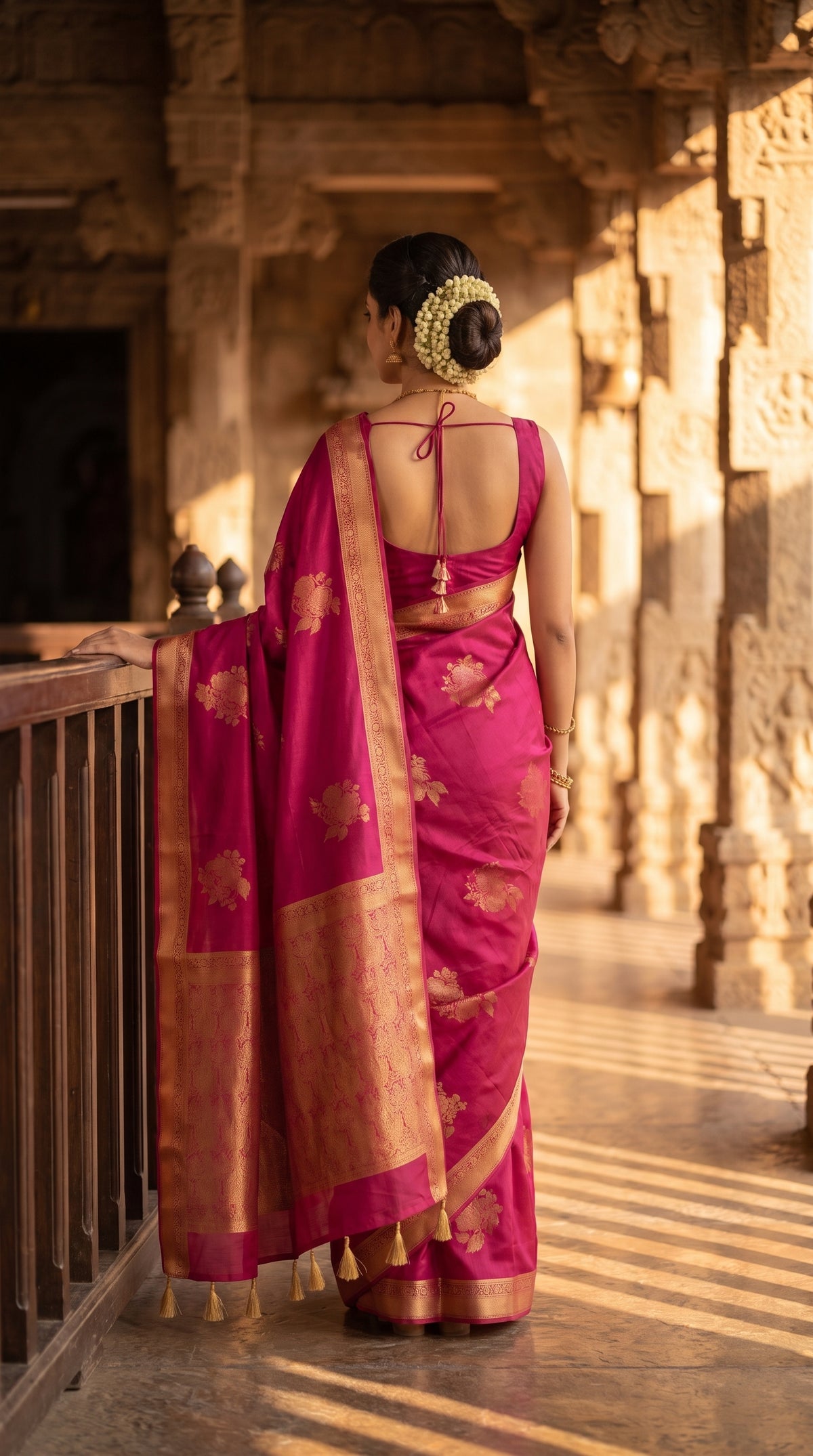 A rear-view portrait of a woman with a gajra hair bun leaning against a dark wooden railing inside an ancient stone temple corridor, showing the elegant open-back layout of her blouse and the fluid drop of her magenta saree pallu