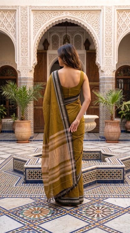 Back view of a woman standing in an ornate Marrakech riad courtyard, displaying the elegant striped beige-and-khakee pallu and hanging tassels of her mul cotton saree