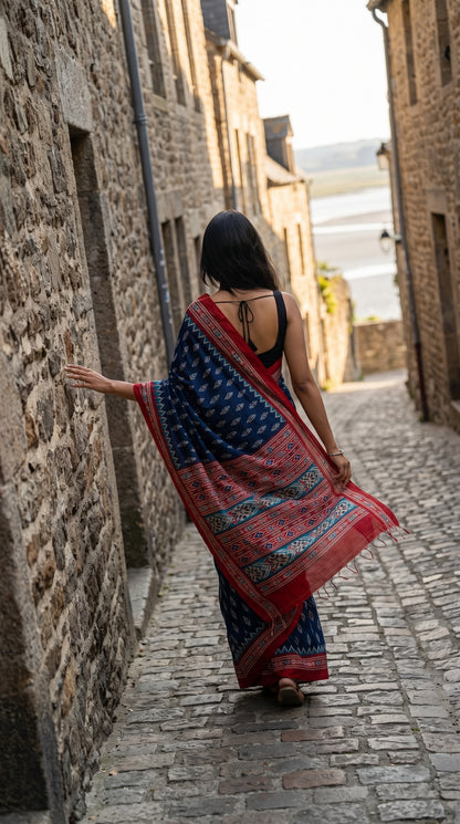 Back view of a model walking down a historic cobblestone alley, displaying the fluid movement and striking red printed pallu of a blue silk-blend saree