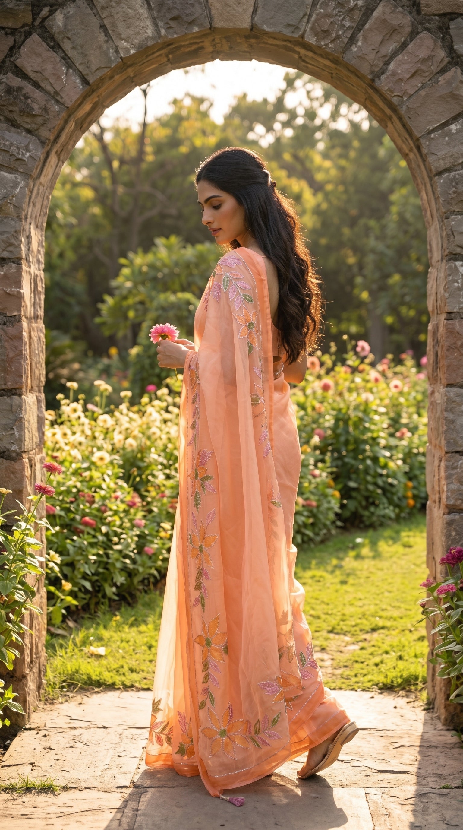 A back three-quarter view of a woman holding a flower while standing beneath a stone archway leading to a lush garden, showcasing the cascading hand-painted floral borders of her peach saree