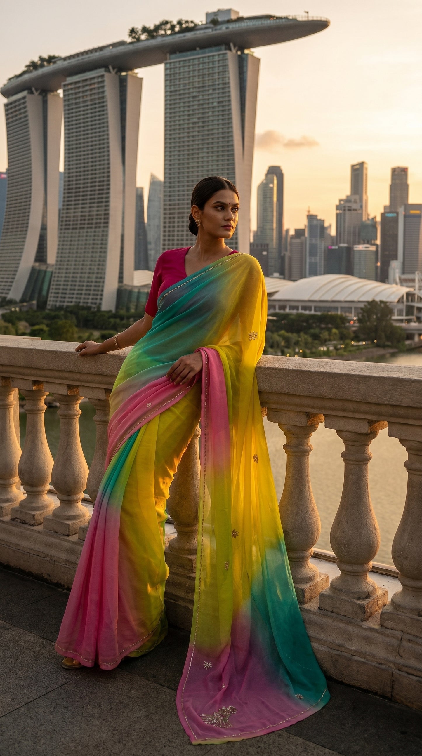 A woman wearing the multi-color Tropical Lagoon chiffon saree leaning gracefully on a classic stone balcony with a modern city skyline in the background