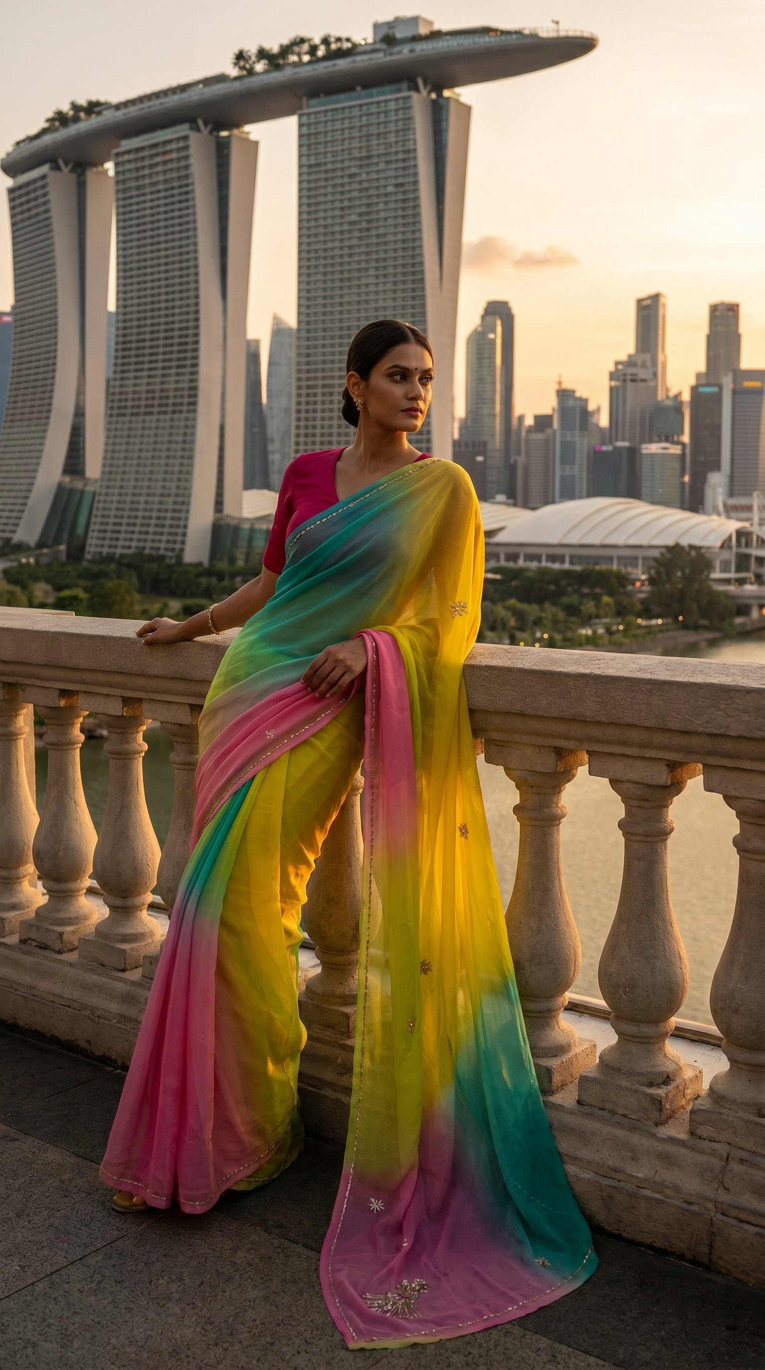 A woman wearing the multi-color Tropical Lagoon chiffon saree leaning gracefully on a classic stone balcony with a modern city skyline in the background