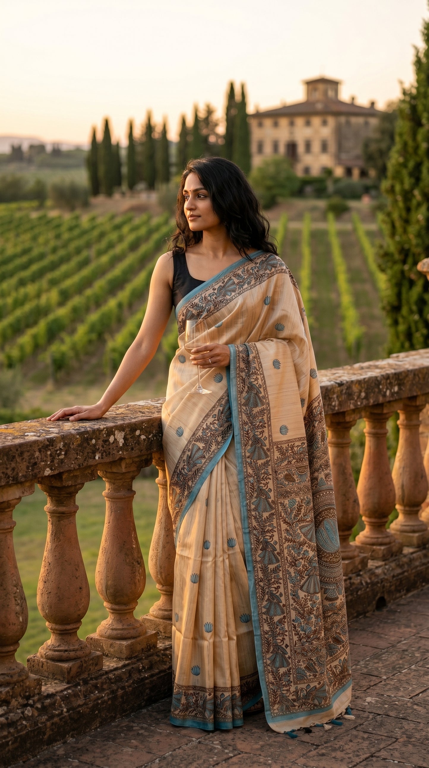 A woman holding a glass and leaning against a stone balustrade overlooking a vineyard, highlighting the blue Madhubani printed border of her silk saree