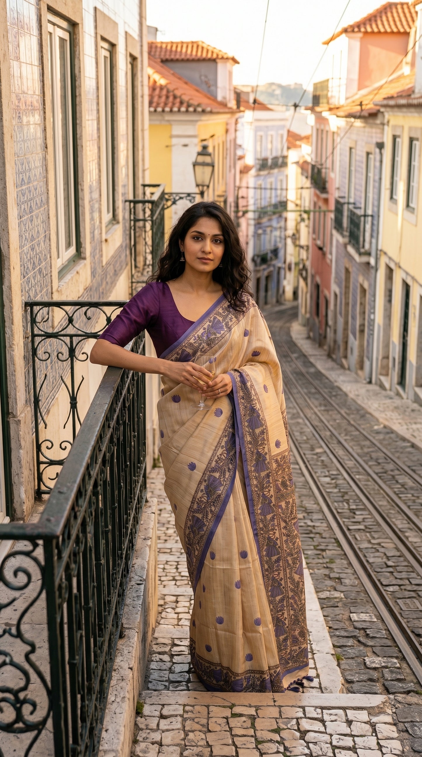 A woman holding a glass and leaning on a historic European balcony, draped in a beige Tussar silk saree with purple Madhubani prints