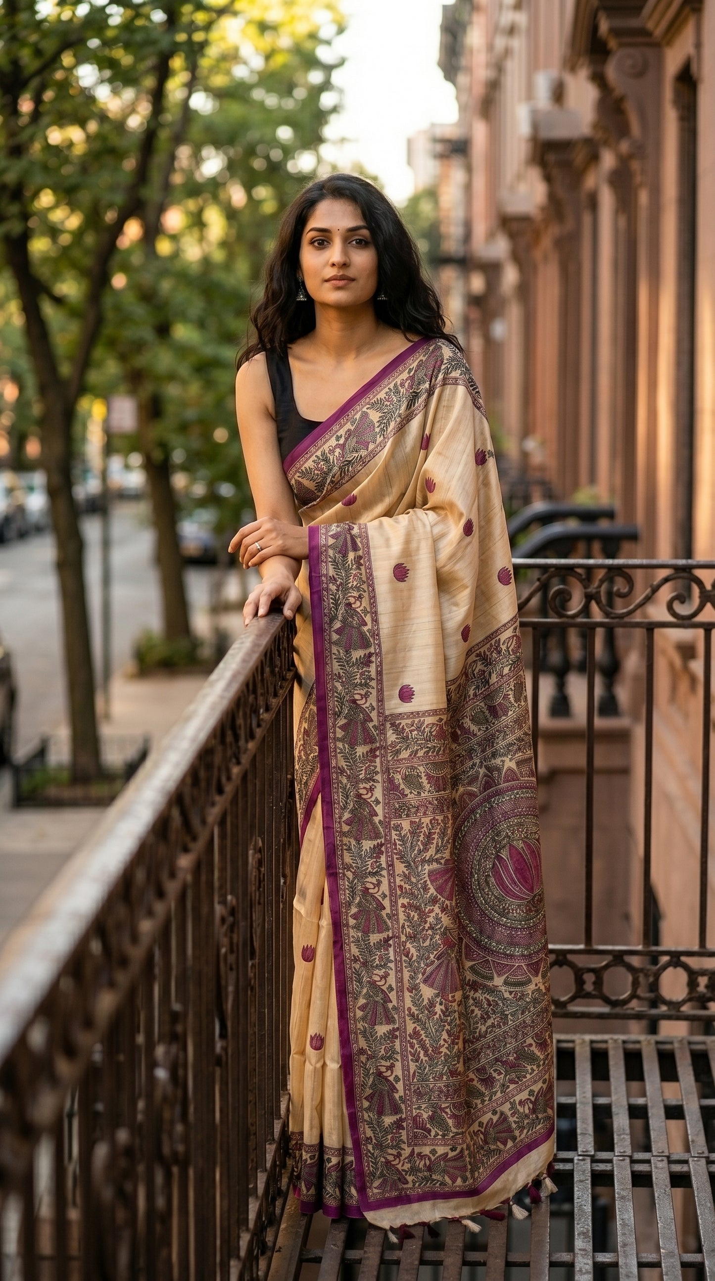 A model leaning against a brown balcony railing on a city street, showcasing the detailed magenta lotus print and heavy pallu of a Tussar silk saree