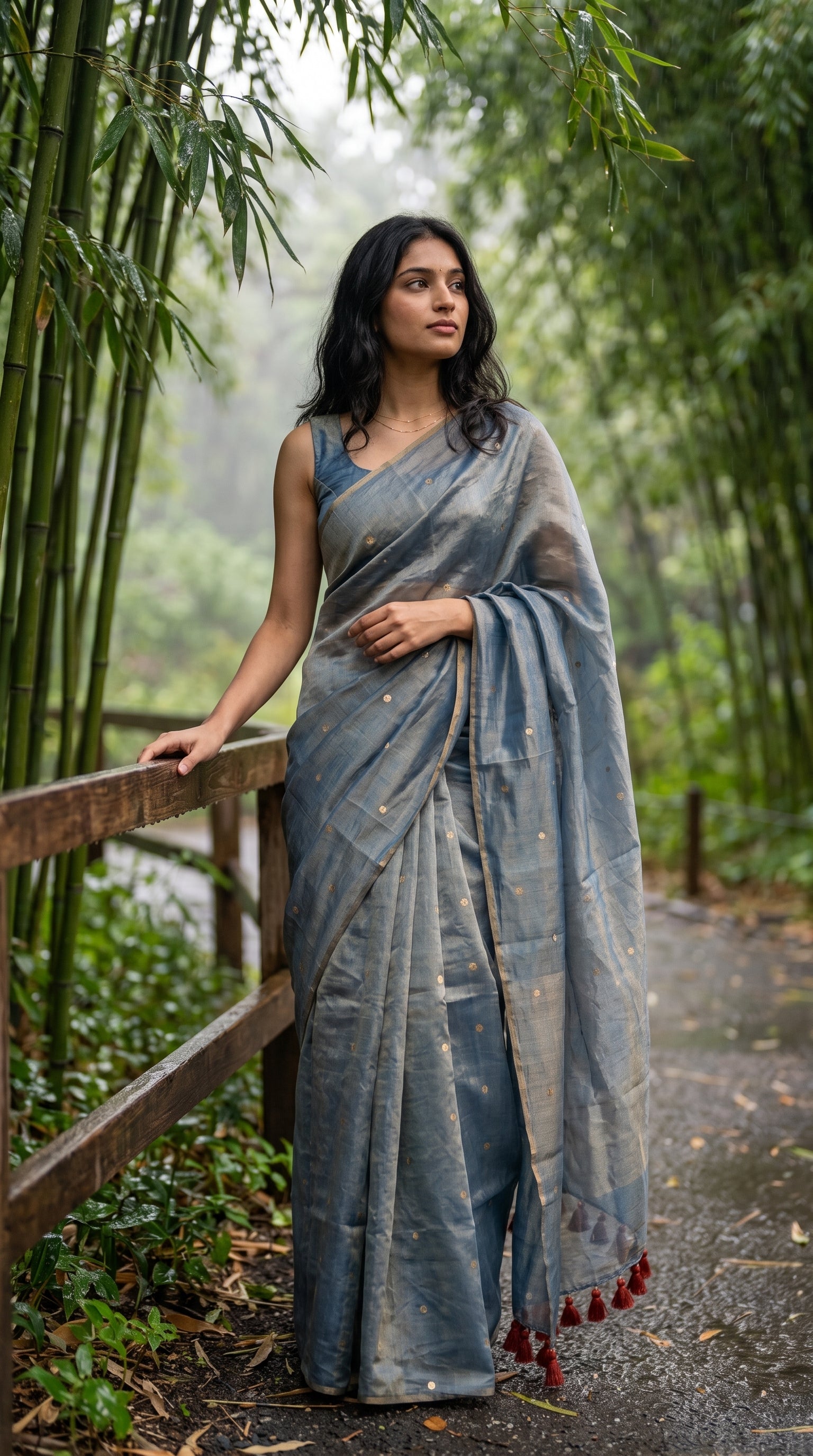 A woman standing by a wooden handrail on a wet pathway inside a lush green bamboo grove during a monsoon morning, highlighting the soft metallic sheen of her grey-blue tissue saree