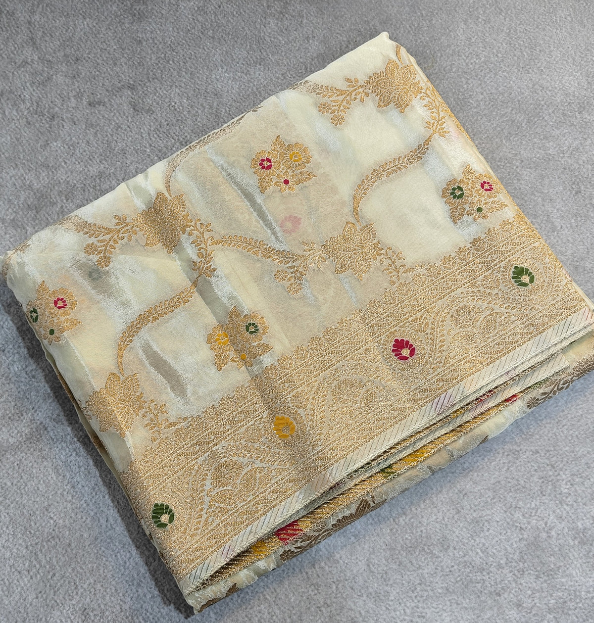 Banarasi Silk Saree with Meenakari Jaal Design-Cream